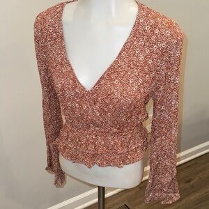 Sadie & Sage XS Rust Floral Blouse Long Sleeve Ruffle Bohemian